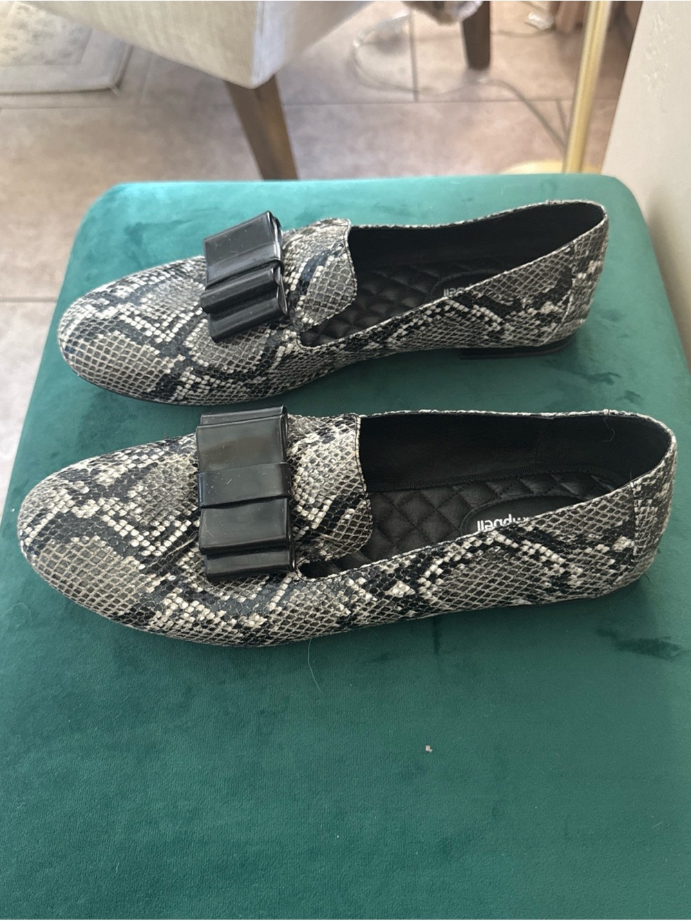 Jeffrey Campbell Black White Leather Snake-Print Loafers with Bow Accent